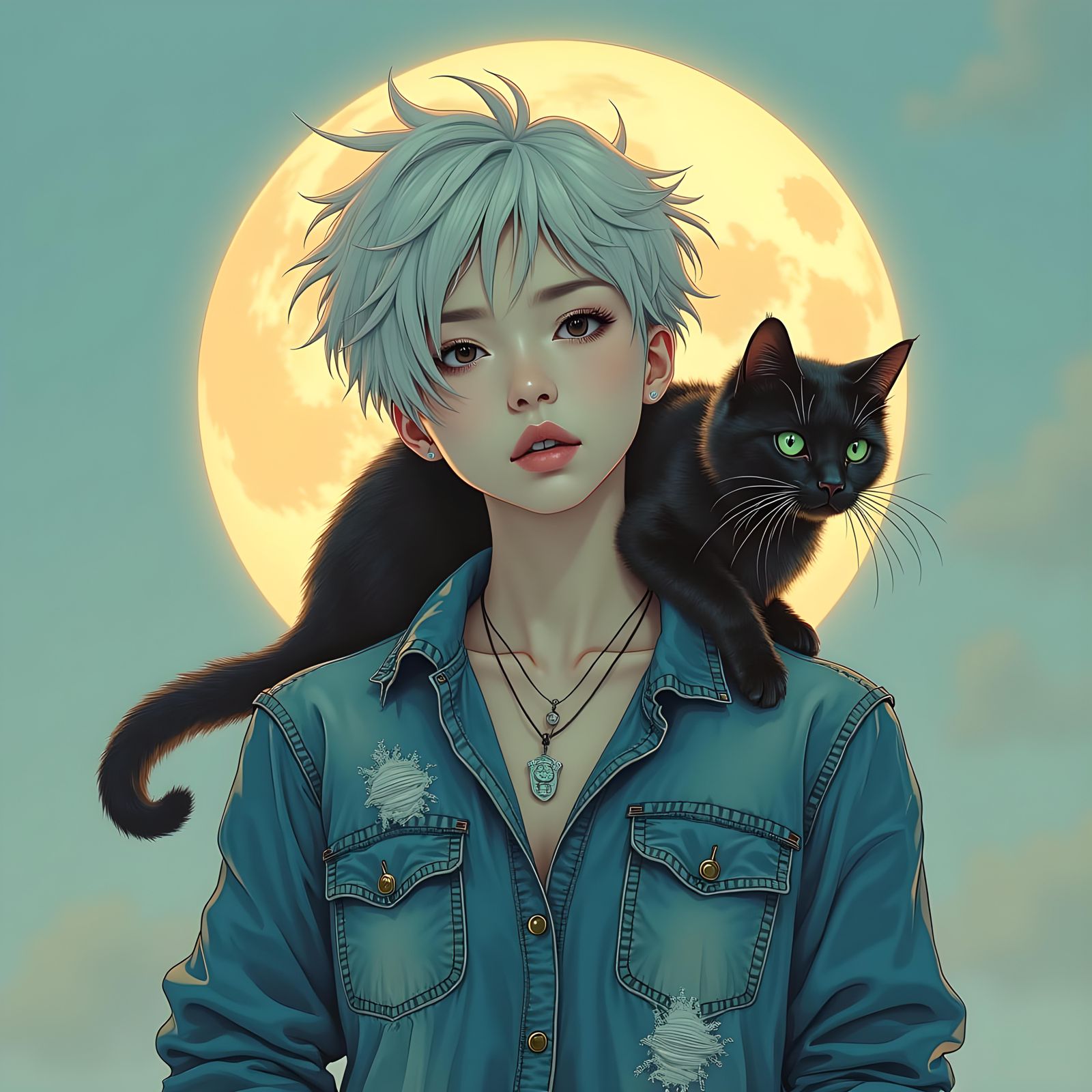 Bleak Manga Scene of Woman with Cat Under Moon