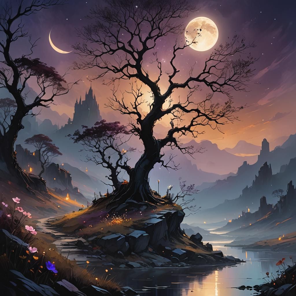 Ethereal Dark Fantasy Landscape Under Moonlight