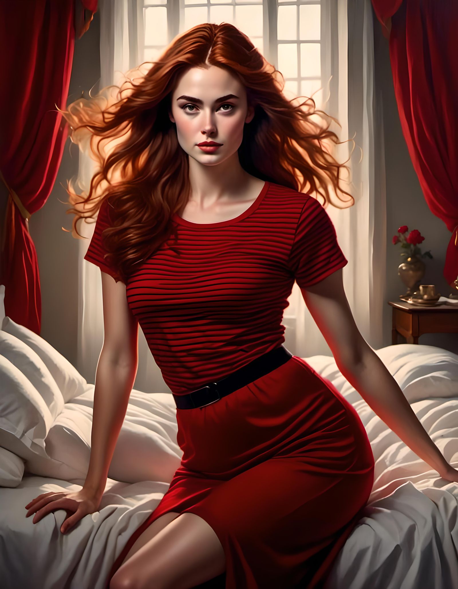 Curvy Auburn-Haired Woman Jumping on Bed