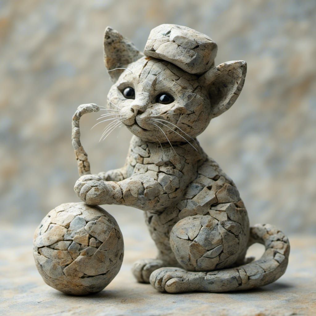 <lora:Swirling Stones:1.0> <lora:Sound Wave Score:1.0> A stone figure of a cute little kitten in a hat playing with its ...