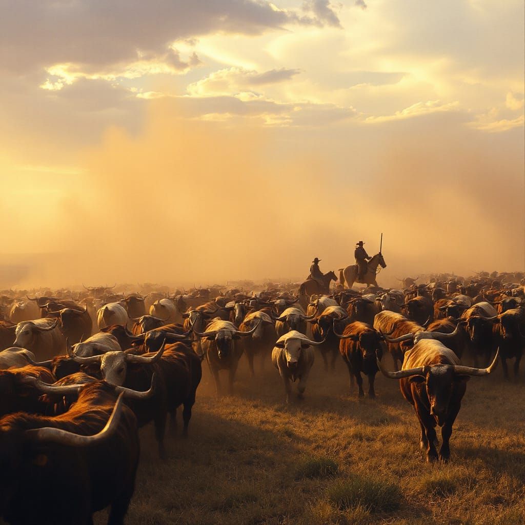 Turner Van Gogh Style Oil Painting of Stampeding Longhorns
