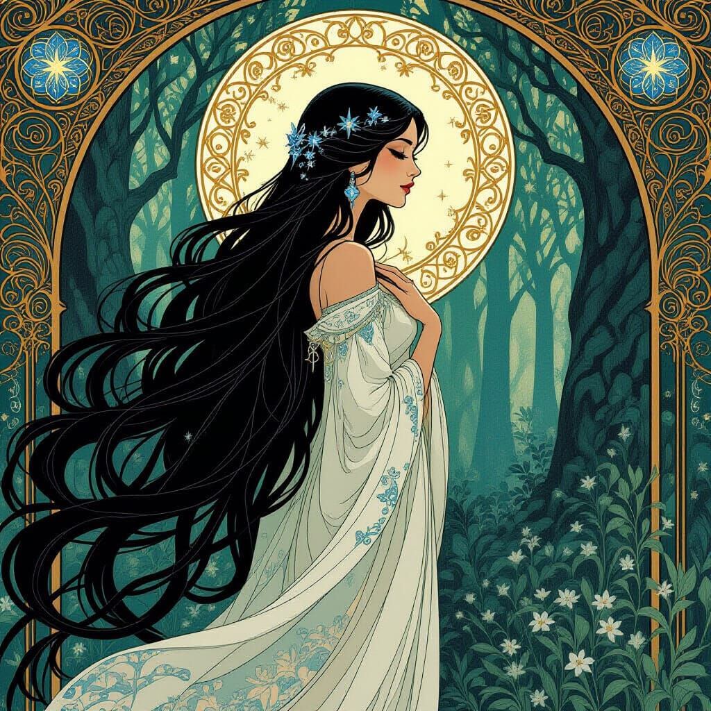 Celestial Jugendstil Goddess in Mystical Forest