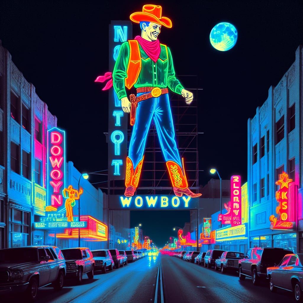 Vintage Neon Cowboy Sign Lights Up City Night