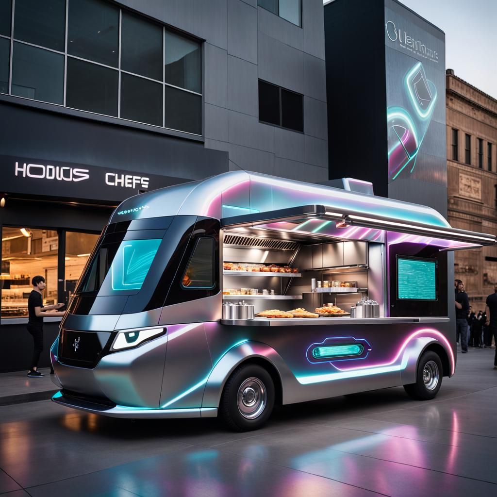 A futuristic food truck showcasing cutting-edge technology
