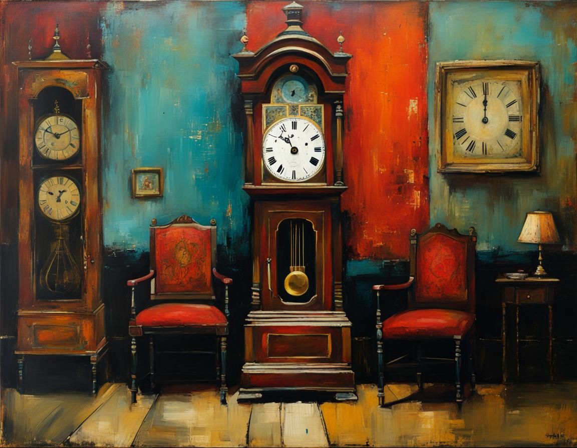 Grandfather Clock in Encaustic Naive Style