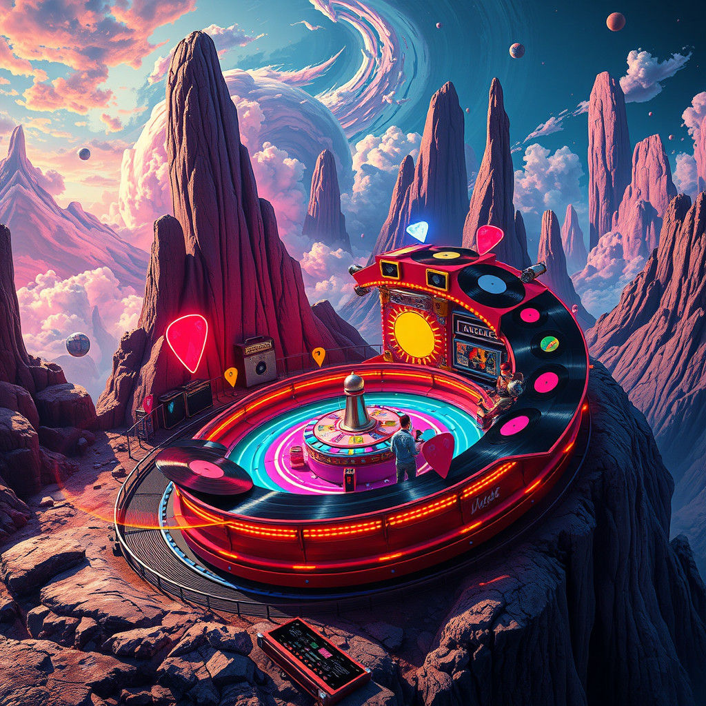 Psychedelic Rock Ride in Dreamlike Landscape, Matte Painting