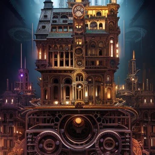 Clockpunk Cityscape with Steampunk Elements and Gothic Archi...