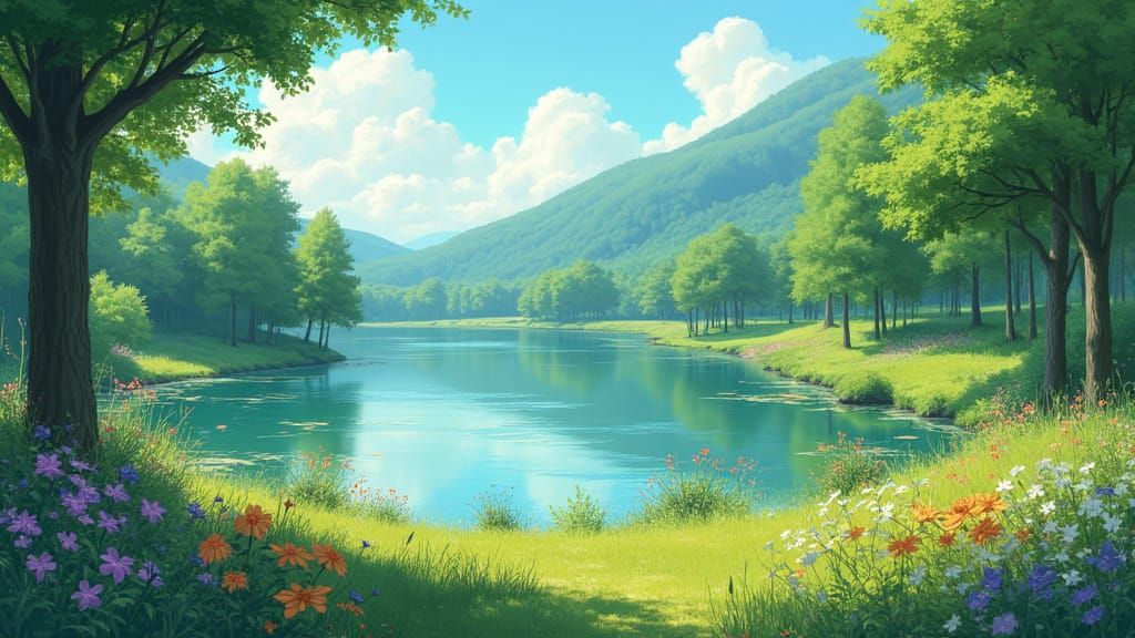 Lush Lakeside Scene Inspired by Miyazaki