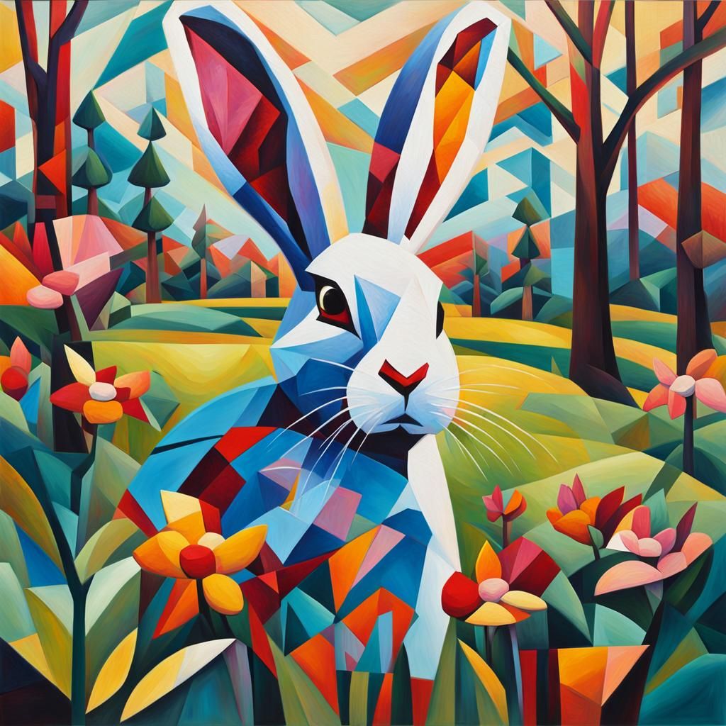 Geometric Bunny in Cubist Meadow