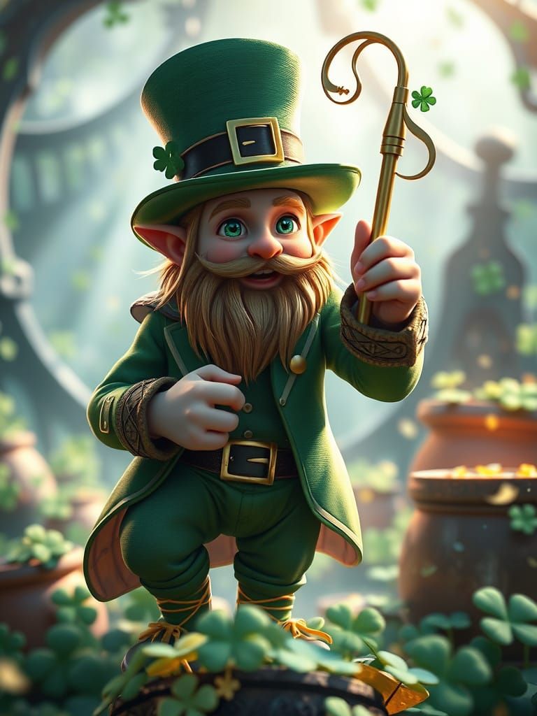 Surreal Leprechaun in Emerald Fantasy Realm