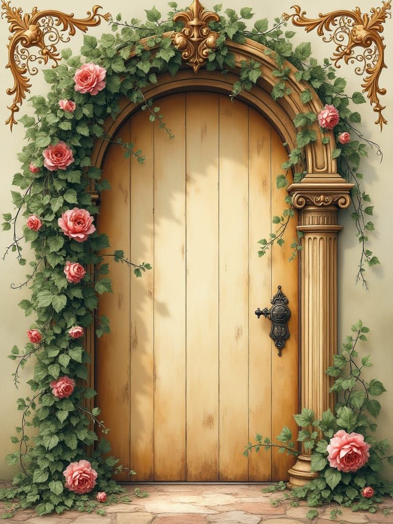 Vintage Secret Door with Floral Vines in Art Nouveau Style
