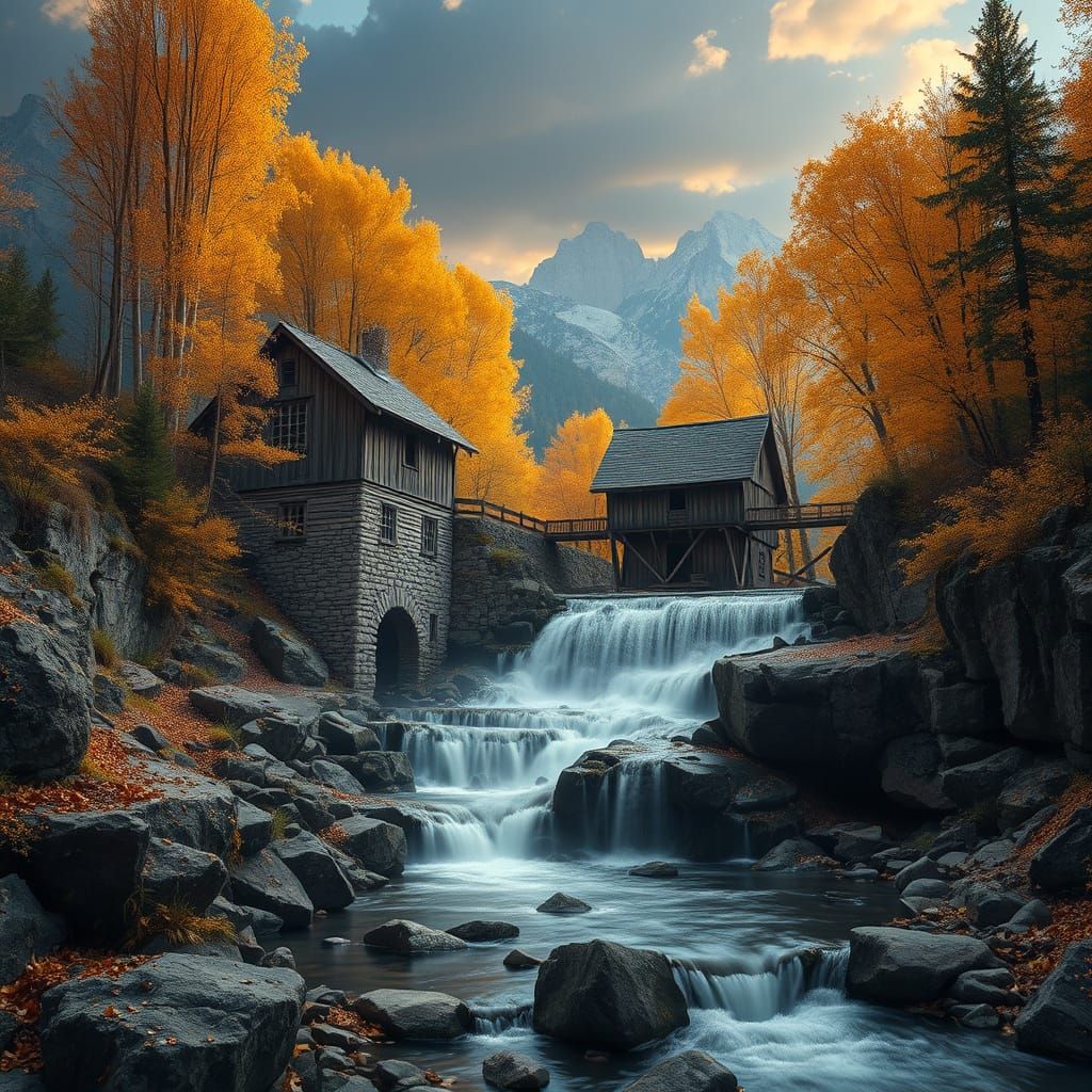 Autumn Waterfall Serenity with Mill House and Golden Aspens