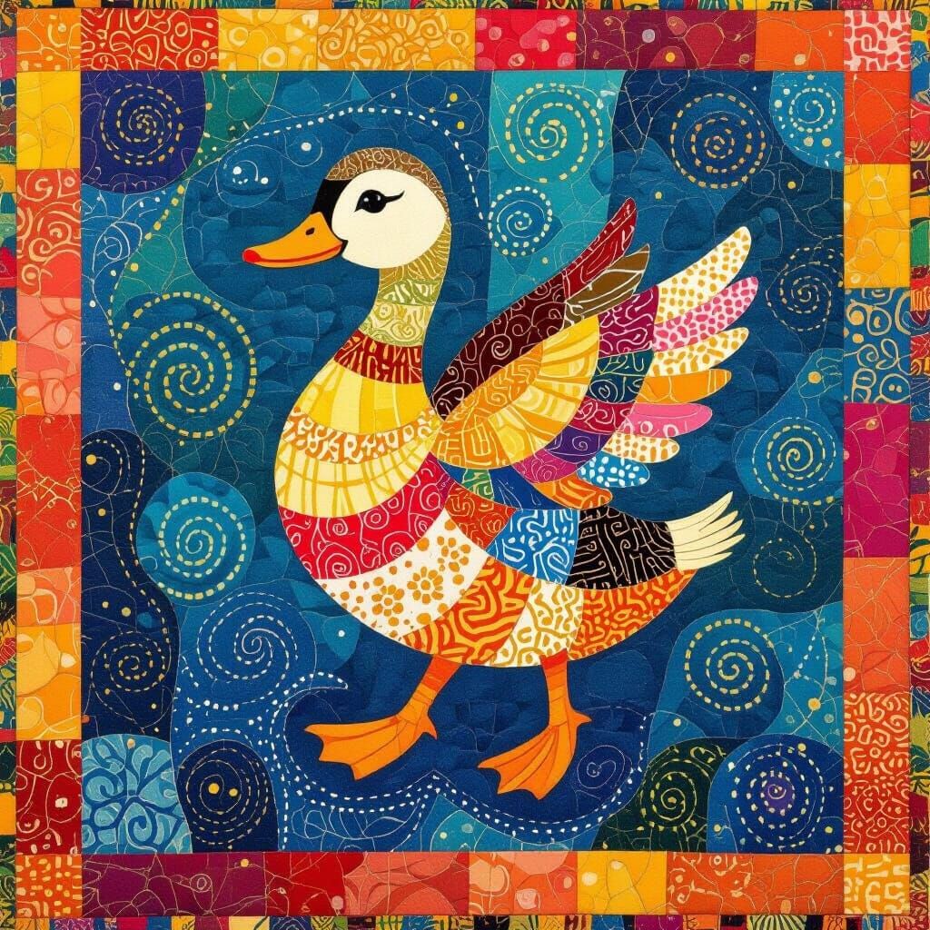 Dancing Duckling in Quilted Patchwork with Alcohol-Ink