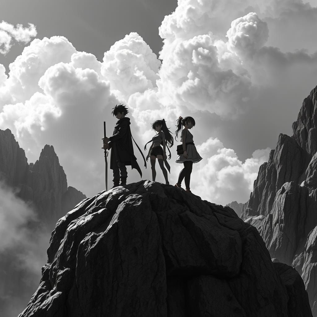 Anime Heroes Pose on Weathered Rock in Cinematic Black and W...