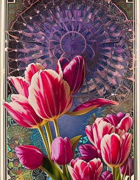 Fantastic Tulips Ink Drawing in Art Nouveau Style