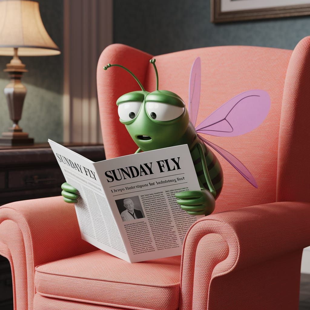 Serious Fly Reads Sunday Newspaper in Armchair