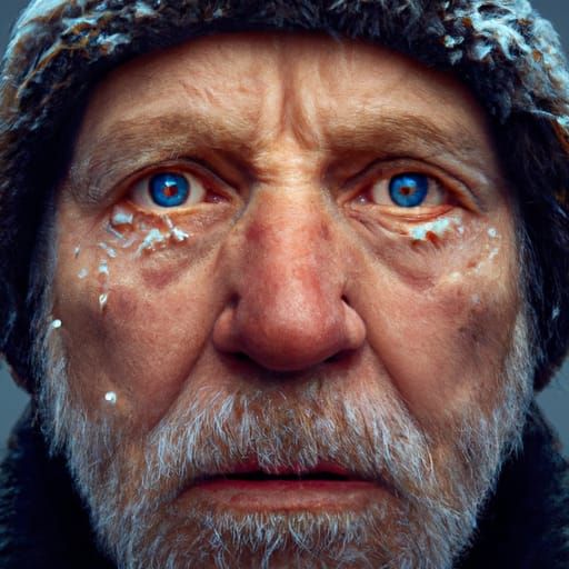 Old Man's Winter Solitude: Hyperrealistic Campfire Portrait