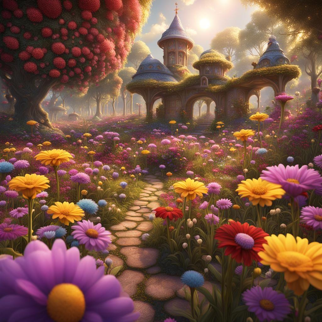 Honey Bees in Fantastical Flower Garden