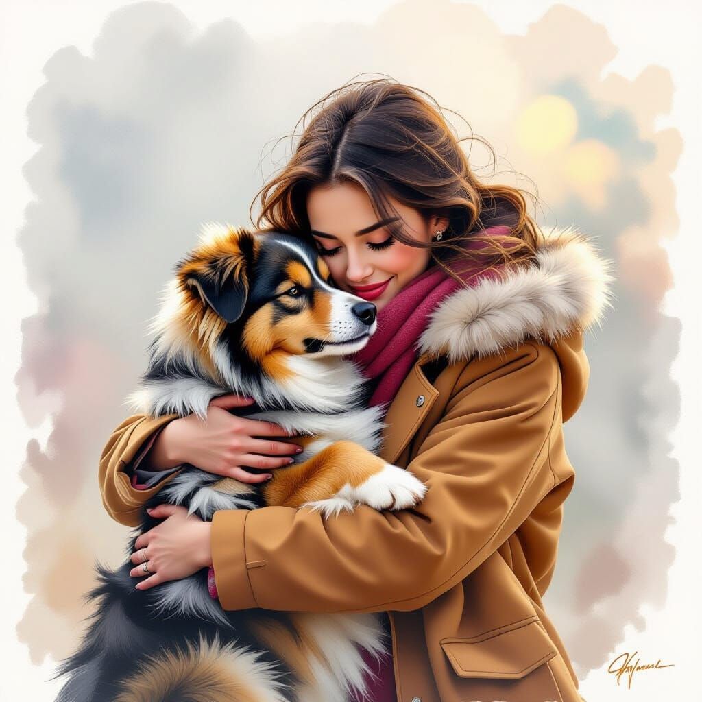 Woman Hugging Dog in Ethereal Charcoal Drawing
