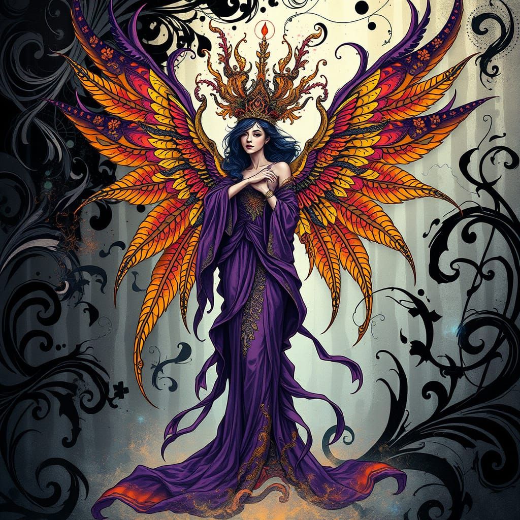 A vibrant figure with colorful, elaborate wings stands amid swirling black and white patterns. The landscape features wa...