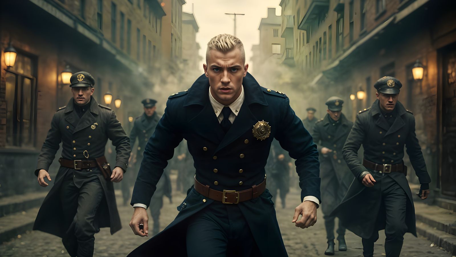 Steampunk Sailor Running from Mob in Cinematic Style