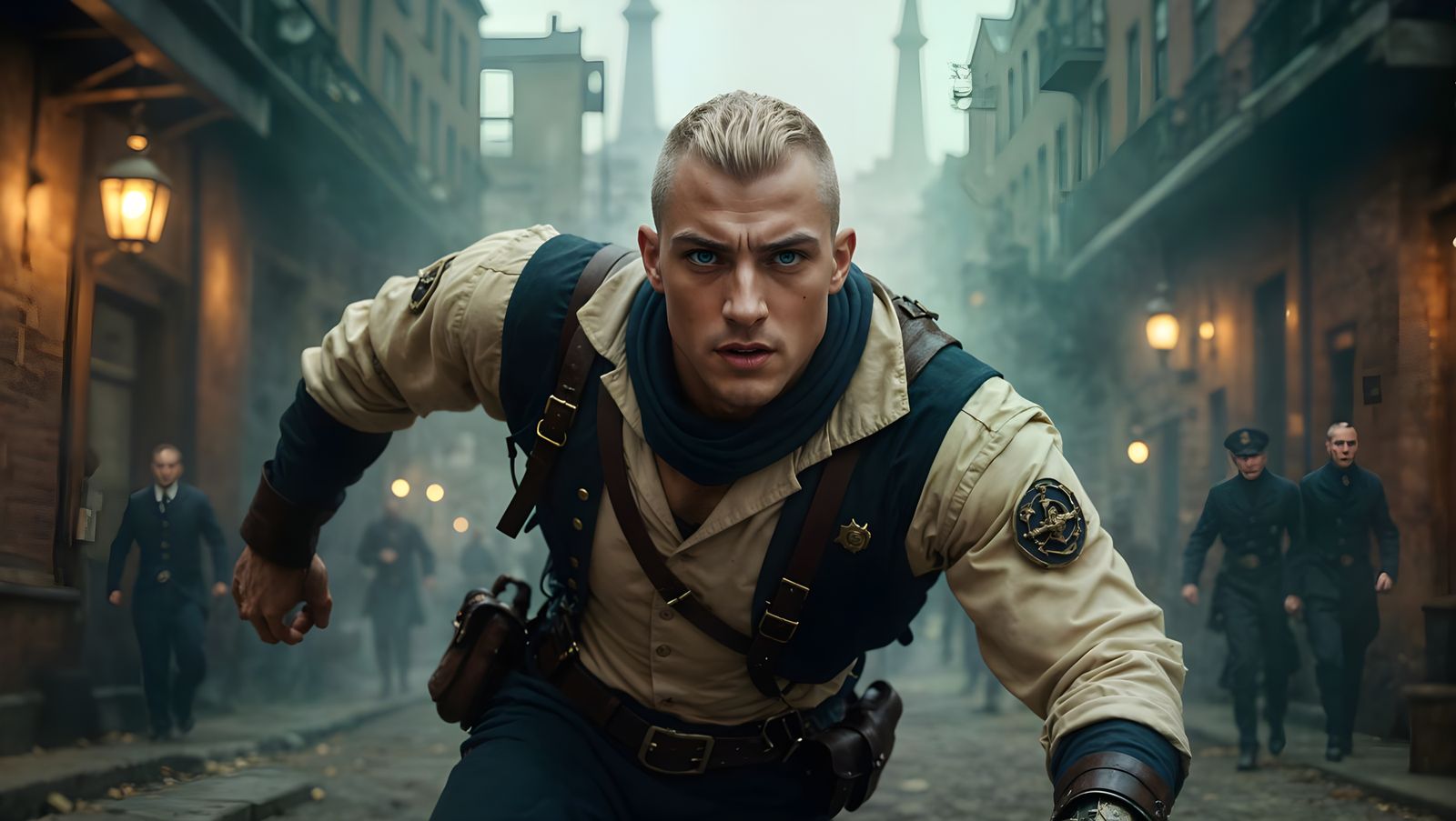 Steampunk Sailor Running From Gangsters in Dieselpunk Style