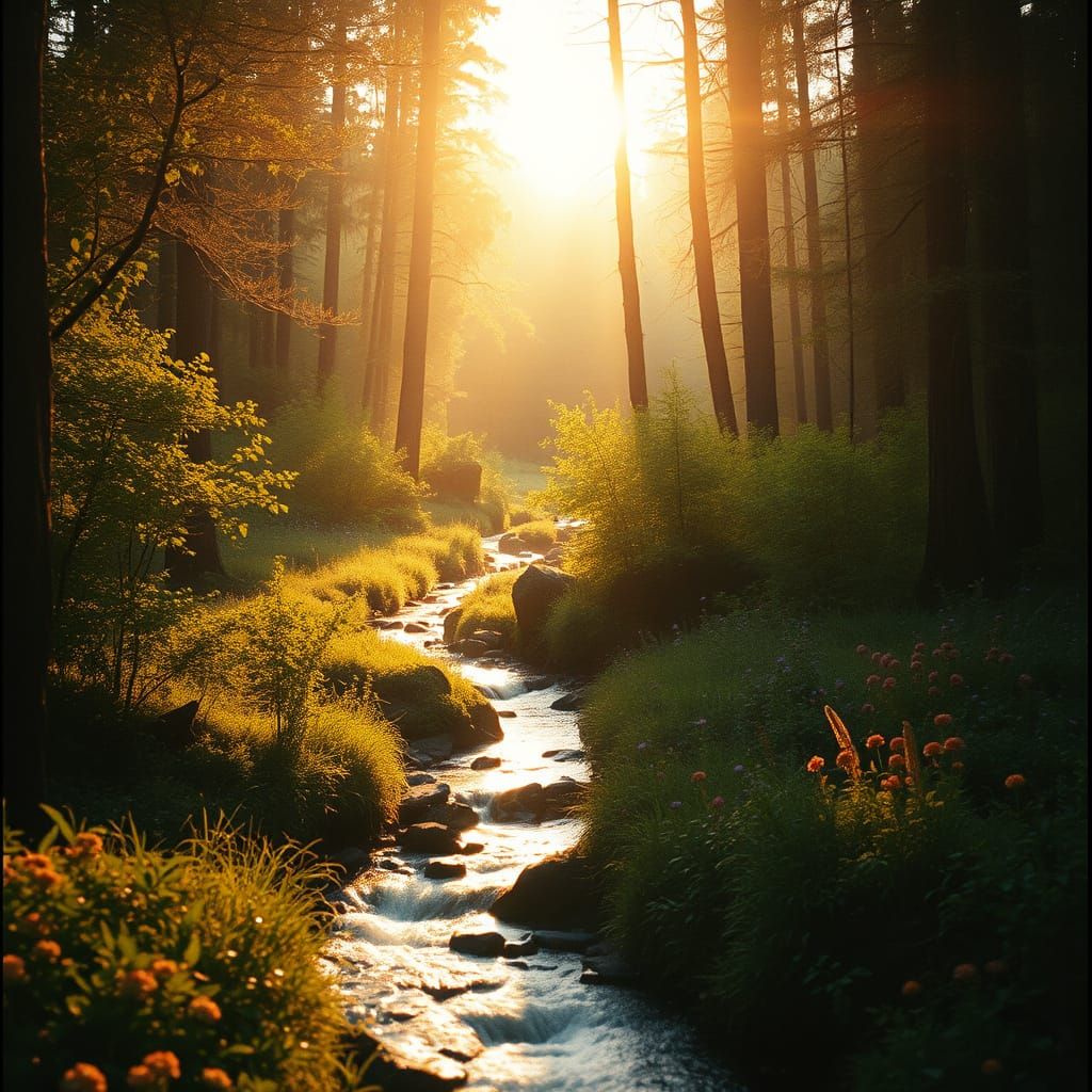 Serene Forest Stream at Sunset in Vibrant Digital Watercolor