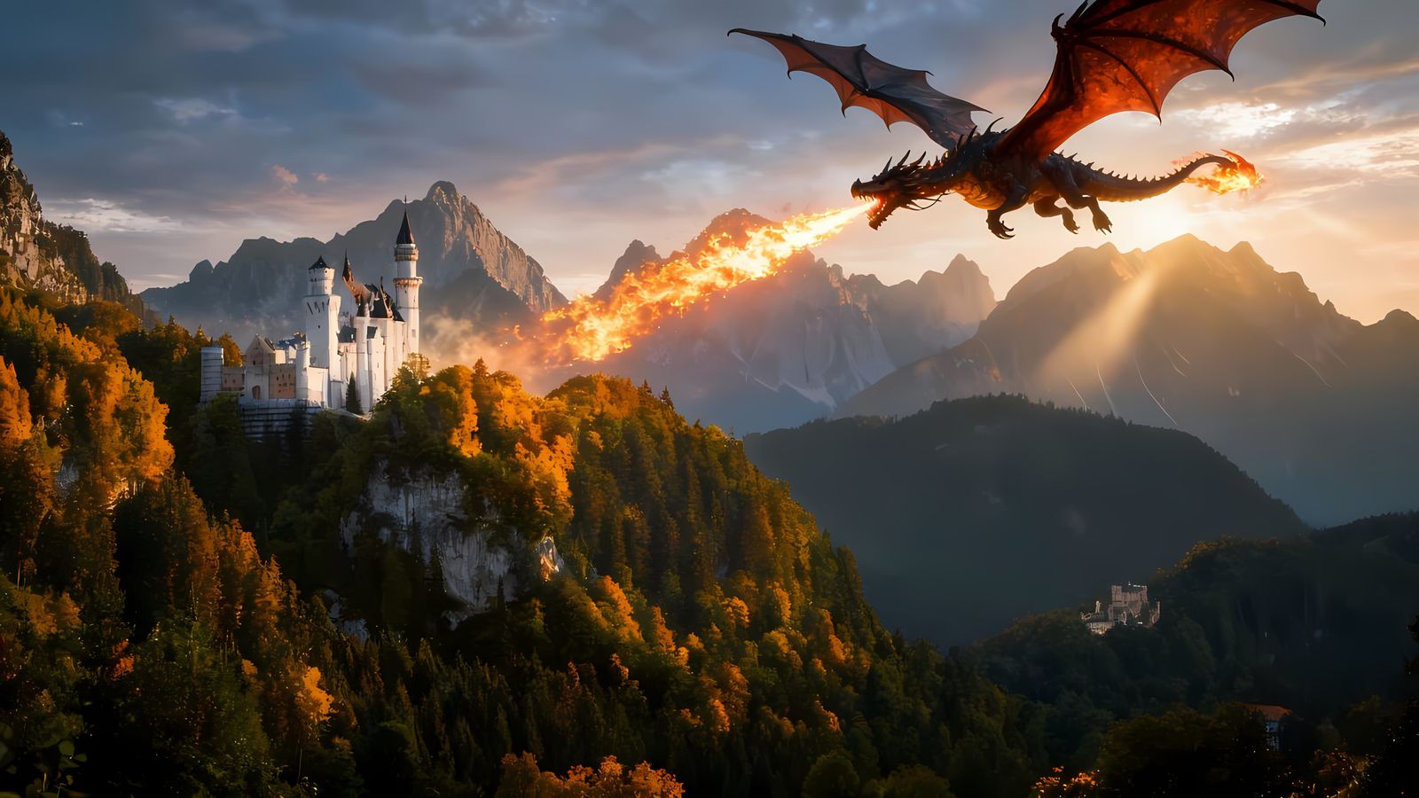 Fire Dragon Attacks Castle in Dreamlike Fantasy Landscape