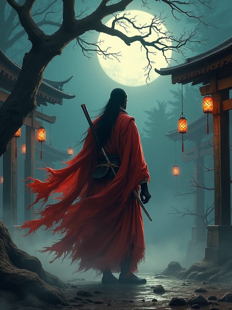 Ethereal Samurai Spirit Guarding Ancient Shrine