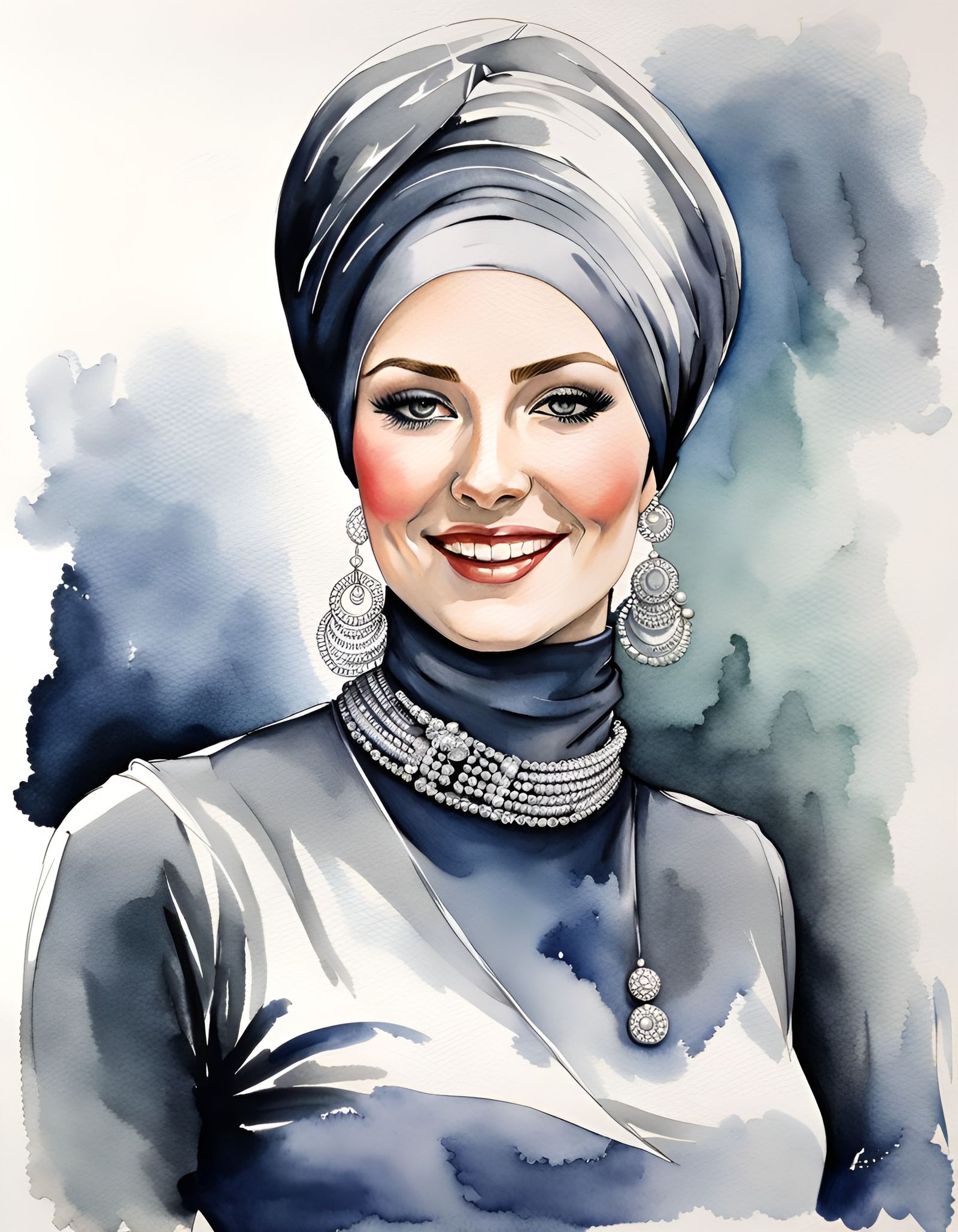 Elegant Woman in Turban, Watercolor Ink Drawing