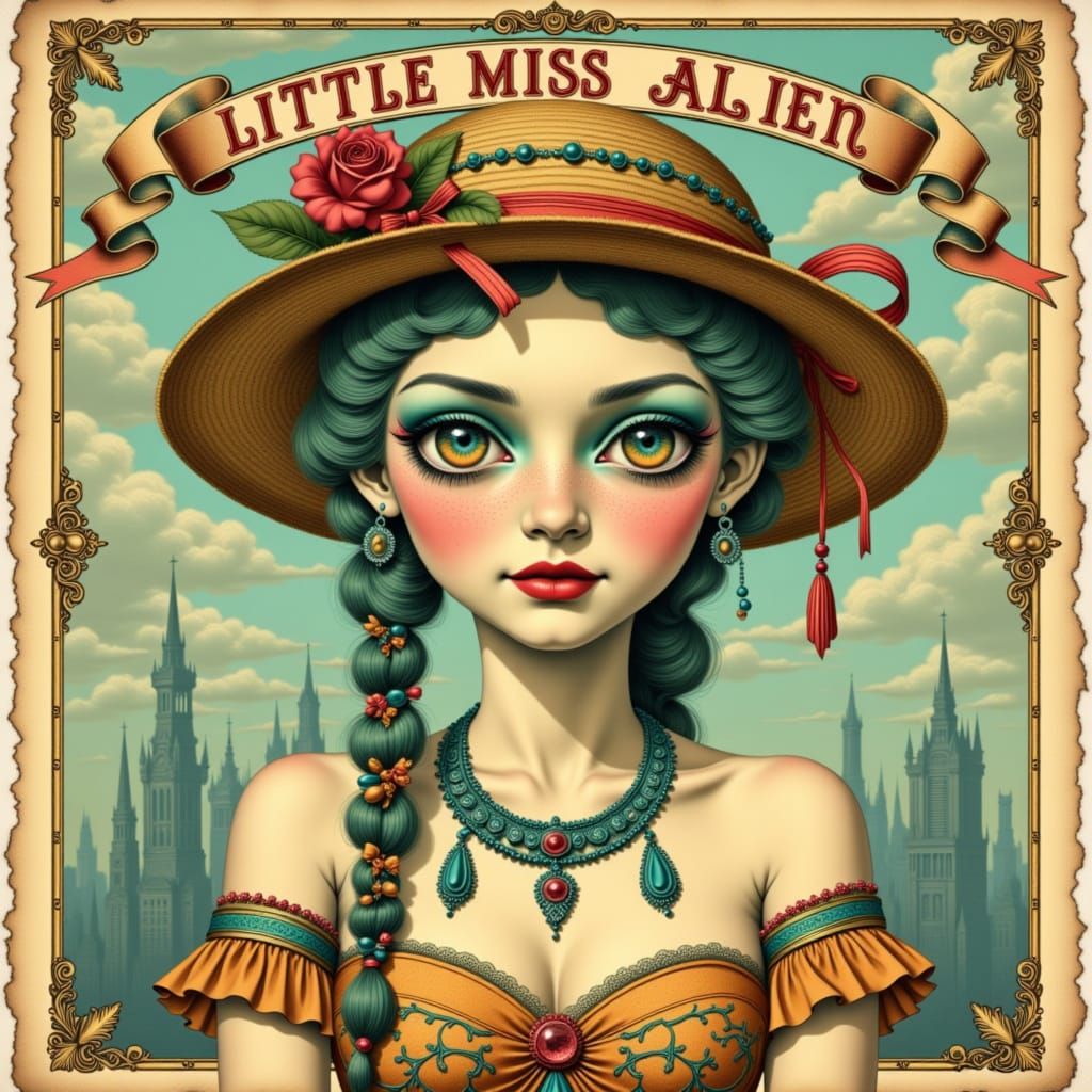Little Miss Alien in Vintage, Intricately Detailed Style