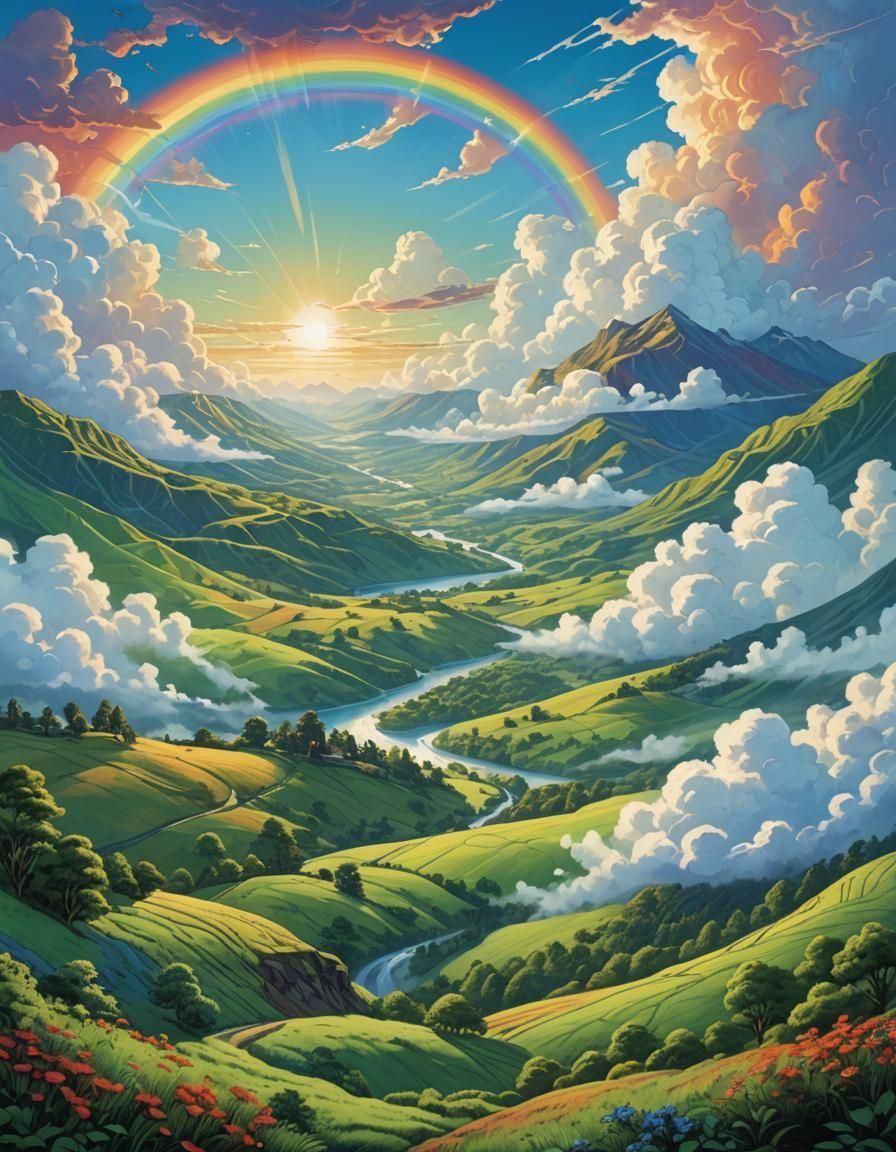 Luminescent Rainbow over Green Hills in Comic Book Style
