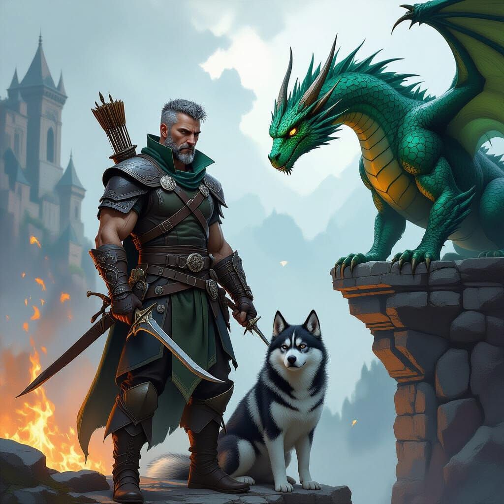 Rogue and Husky Battle Dragon in Dark Fantasy Style