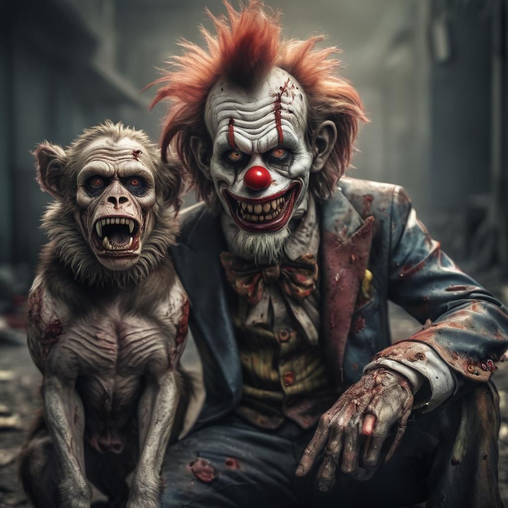 Hyperrealistic Zombie Monkey Clown and Dog