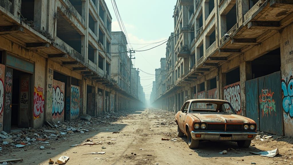 Desolate Post-Apocalyptic Urban Landscape in Cinematic Style