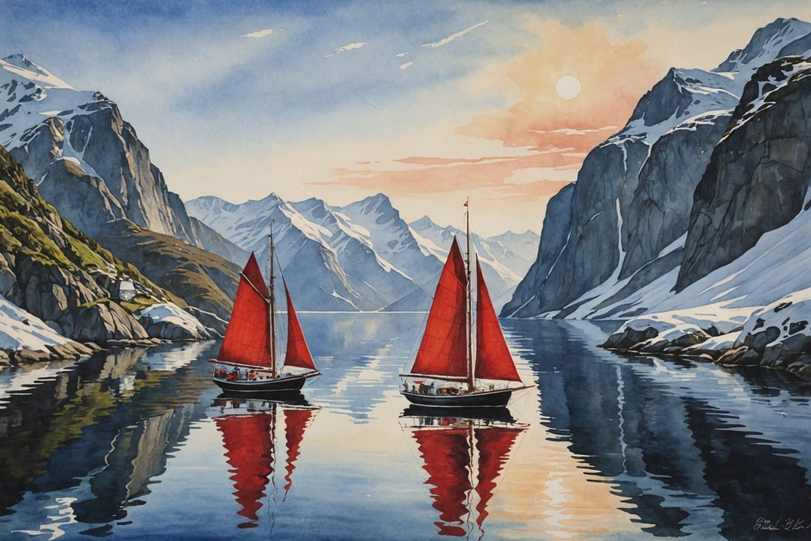 Watercolor Sailing Boat in Norwegian Fjord