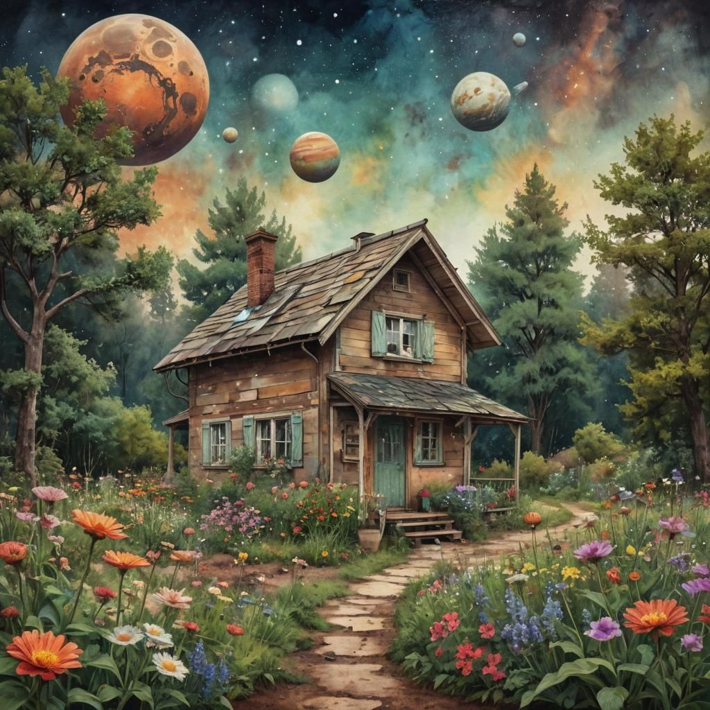 Martian Cottage with Hovering Planets in Watercolor Style