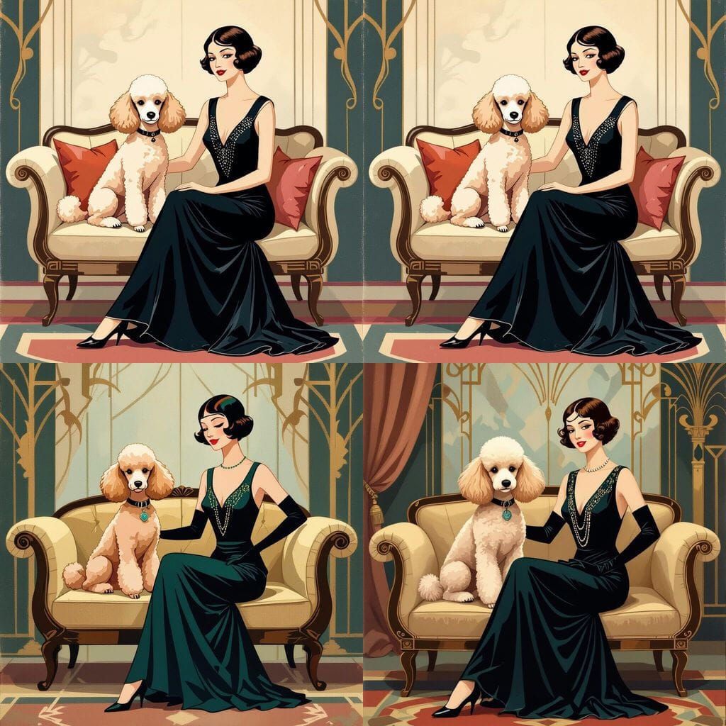 Art Deco Woman with Matching Poodle on Sofa