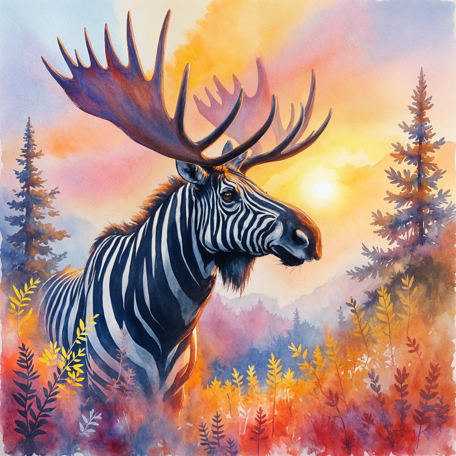 Zebra Moose Sunset: Vivid Watercolor Painting
