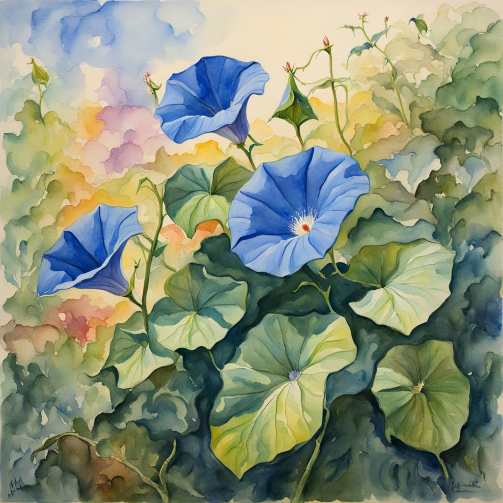 Morning Glories Watercolor in Gouache Style