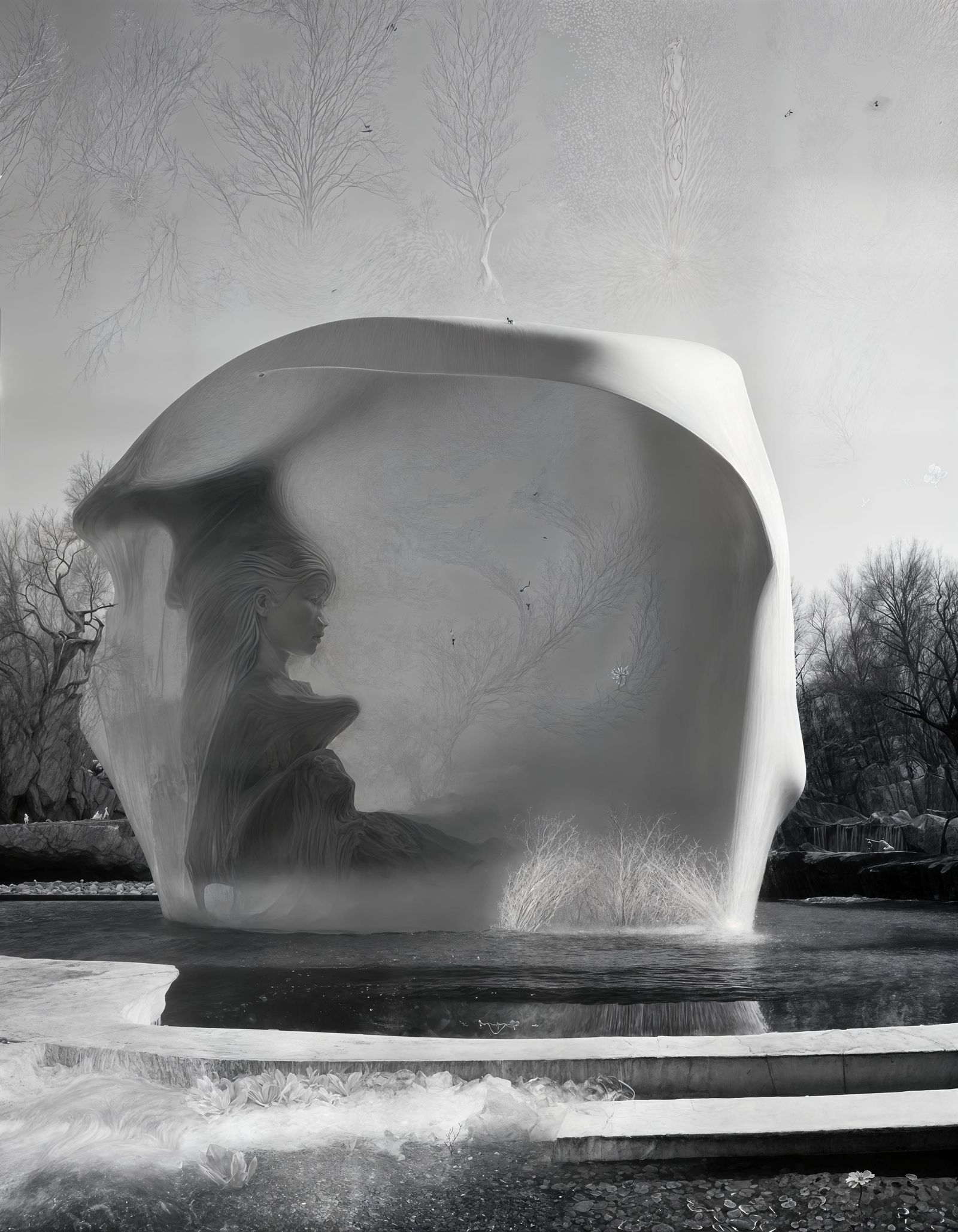 Monochrome Surrealism: Cubist Statue in Winter Light