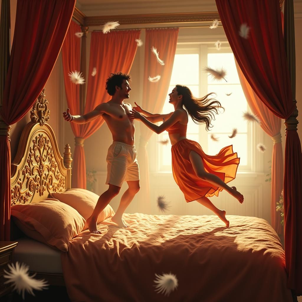Playful Couples Pillow Fight on Lavish Bed