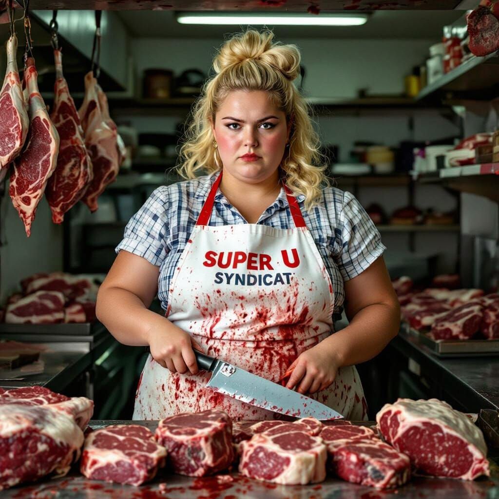 Butcher Girl with Knife, in Bold Realism Style