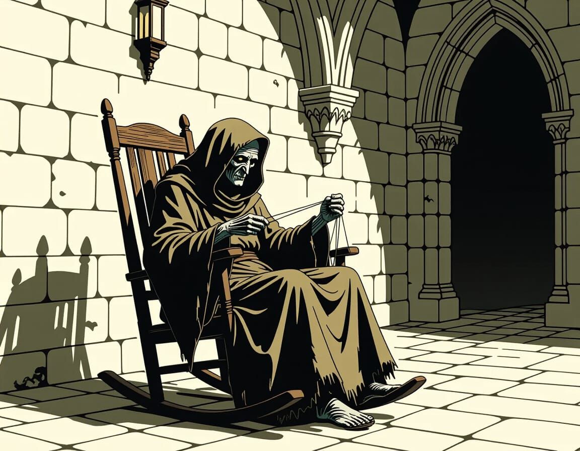 Old Hag Spinning Thread in Gothic Setting