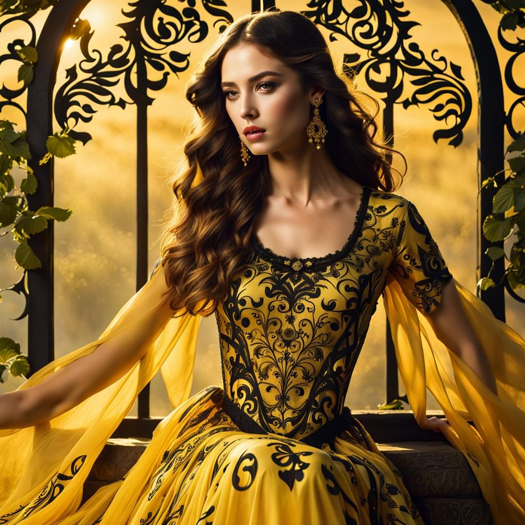 Girl in Gothic Calligraphy Dress with Golden Light