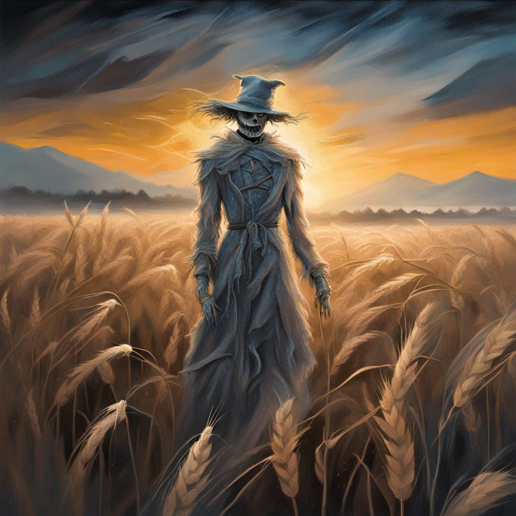 Eerie Ghostly Scarecrow in Wheat Field at Night