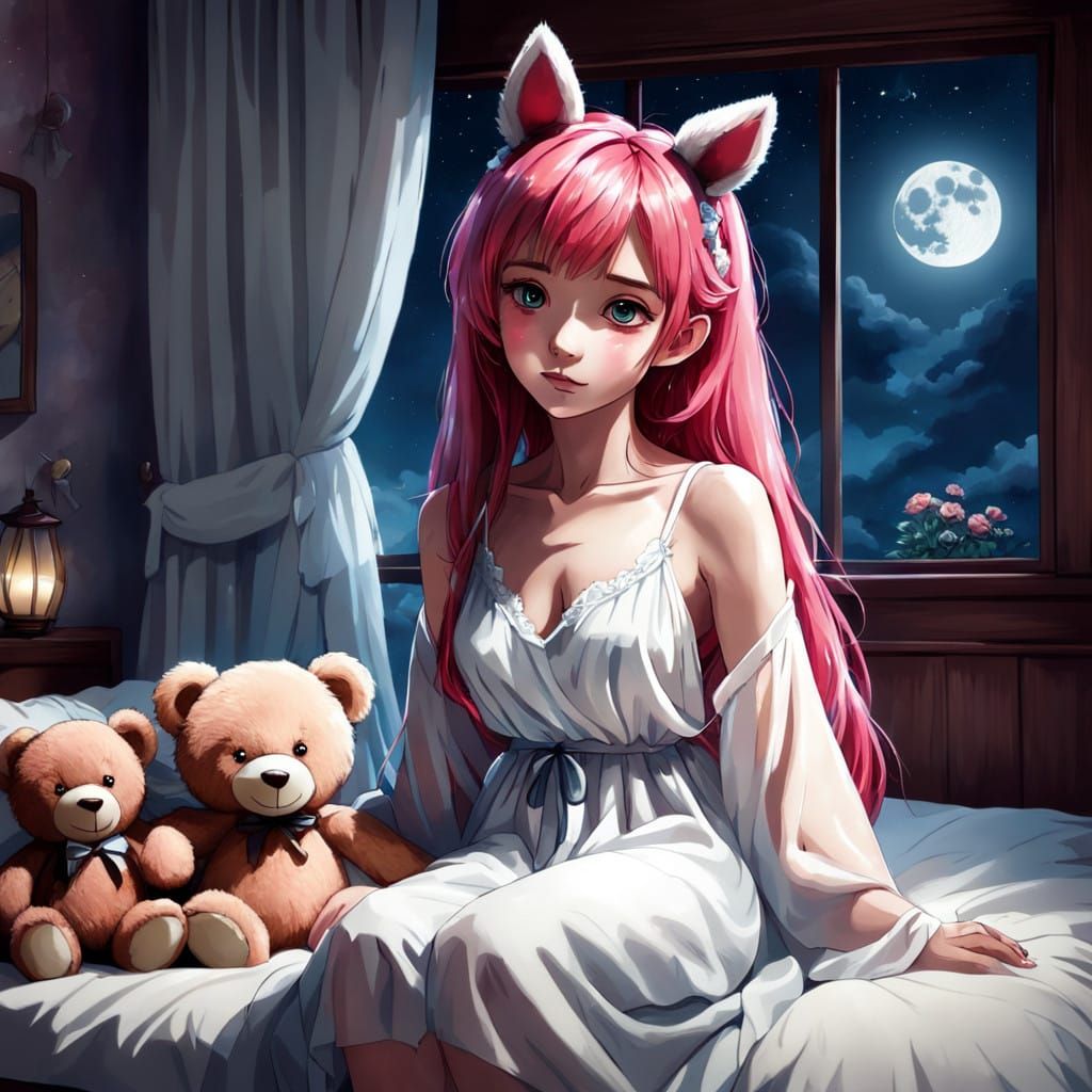 Whimsical Woman in Delicate Anime-Style Bedtime Scene