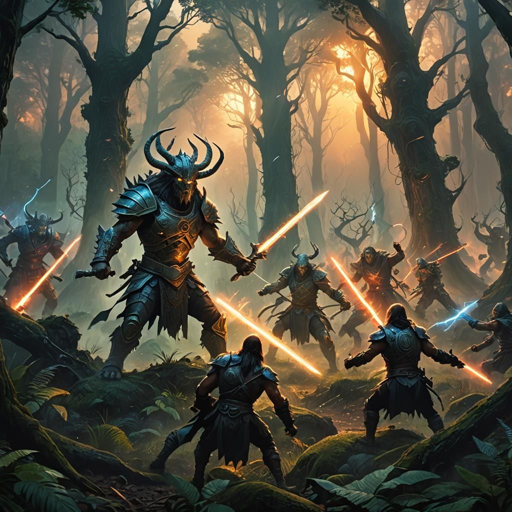 Epic Dark Fantasy Warriors Clash in a Primeval Forest