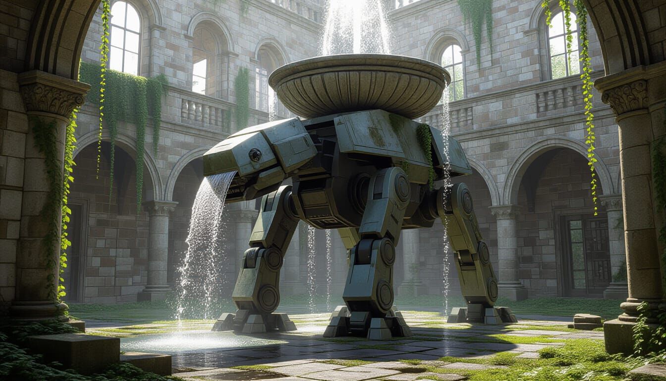 Quadruped Robot Carries Ornate Fountain Through Ruins
