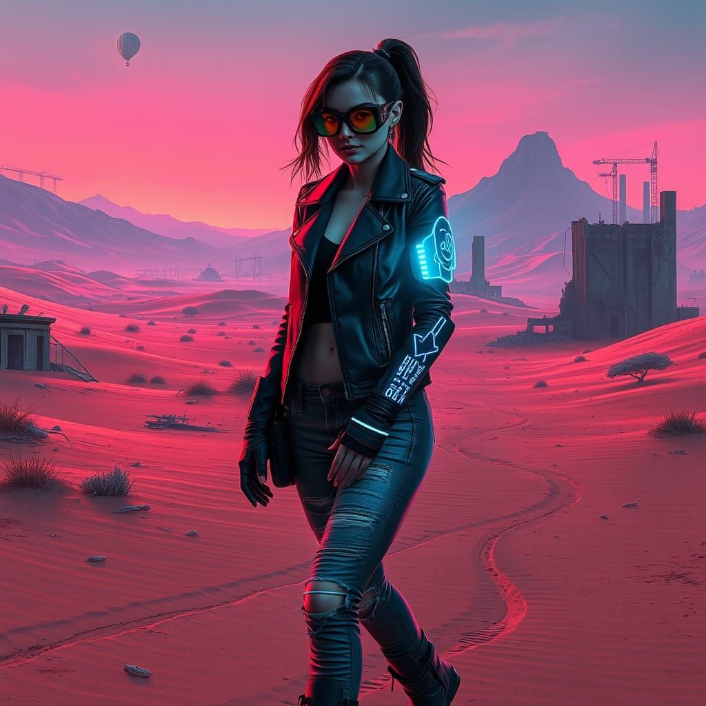 Cyberpunk Lady in Apocalyptic Desert Landscape